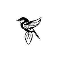 Minimalist Black and White Illustration of a Bird Perched on a Leaf, Featuring Intricate Wing Detail and Simplistic Aesthetic. vector