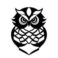 Stylized Black and White Owl Illustration with Geometric , Frontal Pose, and White Background. vector