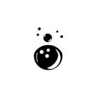 Bold, minimalist black and white illustration featuring a stylized bowling ball with multiple floating spheres, evoking a playful or abstract concept. vector