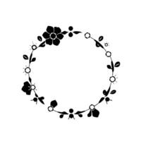 A symmetrical, minimalistic monochrome floral wreath , featuring delicate black flowers, leaves, and decorative elements in a circular composition against a plain white backdrop. vector