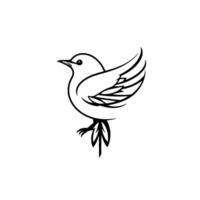 A minimalist, black and white line art illustration of a perched bird, featuring detailed wing and tail, set against a clean, white background, showcasing a simple, elegant . vector