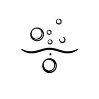 Abstract black and white minimalist illustration depicting bubbles of various sizes rising or falling, bisected by a curved line suggestive of a surface. vector