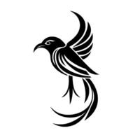 Black and white depiction of a stylized bird with stylized wings and long flowing tail feathers, rendered against a stark white background, suggestive of flight and elegance. vector