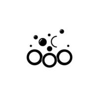 Abstract minimalist composition with three lower black rings and scattered black glossy bubbles and one gray ring on a white background. vector