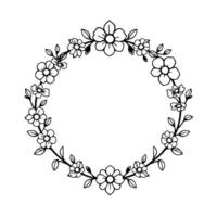 A Delicate Floral Wreath in Black and White, Featuring Detailed Outlines of Various Blossoms and Leaves, Creating a Circular, Decorative Border. vector