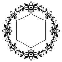 Detailed Black and White Floral Wreath Ornament Frame, Surrounded Hexagon Shape, Decorative Nature Element, Minimalist . vector