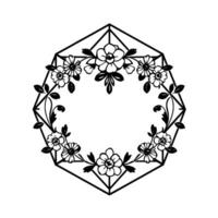 Geometric Floral Frame Monochromatic, Octagonal, and Decorative with Flowers, Leaves, and an Empty Center. vector