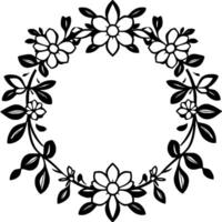 Elegant Black and White Floral Wreath with Stylized Blossoms and Leafy Branches, Circular Composition on a White Backdrop. vector
