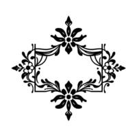 Symmetrical black floral frame with an open, blank center, elegant leaves and flower details, isolated on white. vector