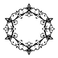 Ornate Black and White Floral Frame with stylized flower and animal motifs arranged in a circular, symmetric pattern against white. vector