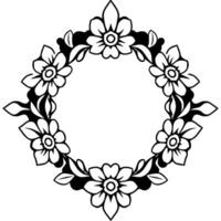 Intricate Black and White Floral Diamond Wreath symmetrical composition featuring stylized flower blossoms and leaves arranged to create a captivating, geometric pattern with a central circular void. vector
