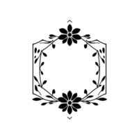 Elegant black floral hexagonal frame with two prominent flowers, detailed leaves and vines, perfect for invitations and minimalist . vector
