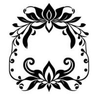 Symmetrical, floral, blackandwhite illustration of an ornamental , creating a stylized frame with a central empty space and botanical elements. vector