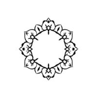 Circular floral emblem, black line art, decorative frame, symmetrical , empty space in the middle, simple and elegant. vector