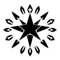 Abstract Black Star with Accompanying Geometric Elements and Detailed Leaf or TearDrop Motifs in a Symmetrical Arrangement on White. vector