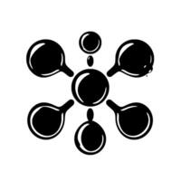Black White Molecular Structure A stylized diagram of a central sphere with connected smaller spheres on stems, conveying connection, and scientific abstraction. vector