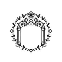 A symmetric floral archway with an open center, encircled by an elaborate botanical frame, perfect for decorative purposes, in black and white. vector