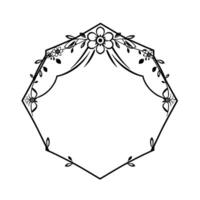 Elegant Black and White Octagon Floral Frame with Flourishes, Leaves, and Curvilinear Elements on a Clean White Background. vector