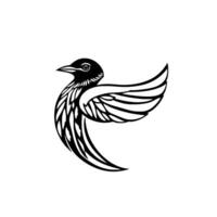 Minimalist Black and White Bird Illustration Featuring Detailed Wing and Body Feather Patterns, Isolated on a White Background. vector