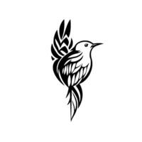 Stylized Black and White Bird Silhouette with Decorative Wing and Tail , Minimalist Art on a White Backdrop. vector