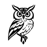 Bold Black and White Owl Silhouette Perched, Showcasing Geometric Elements and Focused Eyes in a Modern Minimalist Style. vector