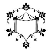 Ornate Black and White Floral Frame with Tentlike Center Structure, Foliage, and Decorative Elements on a White Background vector
