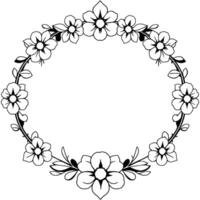 Elegant Black and White Floral Wreath, Circular with Detailed Petals and Leaves, Perfect for Invitations, Borders, and Decorative Elements. vector