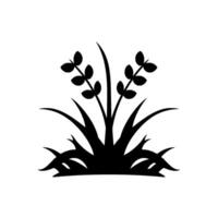 Silhouette of a stylized plant with leafy sprigs emerging from a bed of grass against a clean white background. vector