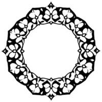 Ornate, symmetrical floral frame in bold black and white, featuring a circular pattern with pointed accents. vector