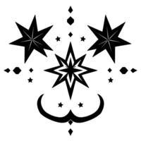 Symmetrical Black and White Celestial with Stars, Geometric Shapes, and Decorative Elements on a White Background. vector