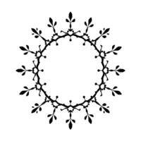 Elegant, symmetrical circular of stylized black plant elements, leaves and branches, set on white background with negative space. vector