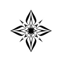 Symmetrical Black Floral with a Central Starburst, Composed of LeafLike Shapes and Sharp, Pointed Elements, Against a White Background. vector