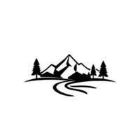Black and white minimalist mountain landscape with stylized trees and winding road, isolated on white. vector