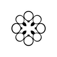Symmetrical Black and White Abstract Circular Composition with Eight Circles and Central Petallike Forms on White Background. vector