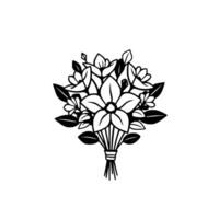 Black and white illustration of a floral bouquet featuring large central flower, smaller blooms, and foliage, tied with twine on white background. vector