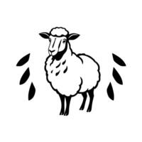 A Stylized, FrontFacing Sheep Illustration with Black Leaves as Accents in a Clean, Minimalist, Black and White . vector