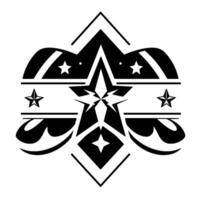 Bold Black and White Emblem Featuring Stylized Stars, Geometric Shapes, and Winglike Elements on a White Background. vector