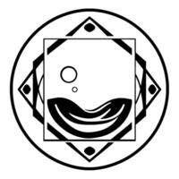 Intricate Geometric Composition A stylized blackandwhite artwork featuring circular, square and diamondlike shapes, stylized leaves, and bubbles, creating a unique pattern. vector
