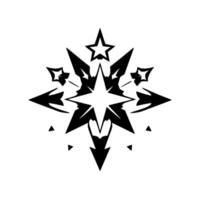 A symmetrical black and white starburst art, featuring multiple star elements and geometric sharp points on a minimalist white background. vector