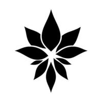 Symmetrical, stark black and white minimalist floral emblem, resembling a stylized cannabis or lotus, centered on a blank white background. vector