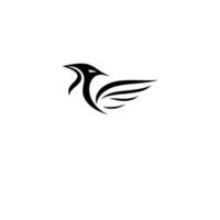 A stylized black raven illustration on a stark white background, featuring a sleek, minimalist with a bird in flight. vector
