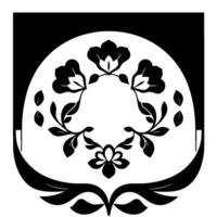 Bold Black and White Floral Emblem Symmetrical featuring stylized flowers, leaves, and an ornate border within an arched shape, emphasizing contrast and elegance. vector