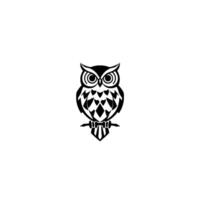 A minimalistic black and white illustration of a stylized owl with geometric patterns, perched on a branch, on a white background. vector