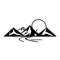 Bold black and white landscape illustration, featuring stylized mountain range silhouetted against a circular sun or moon, with a curving road in the foreground, evoking a sense of adventure. vector