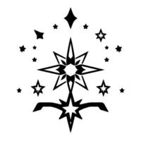A symmetrical celestial , showcasing a central, complex star motif surrounded by orbiting smaller stars in a crisp, black and white style. vector