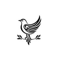 Elegant Minimalist Black and White Bird with Olive Branch, Symbolizing Peace, Harmony, and Nature. vector