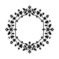 Ornamental black and white floral wreath featuring stylized flowers, leaves, and geometric structure around a negative space. vector