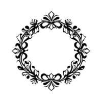 Elegant circular floral frame in monochromatic black and white, featuring symmetrical, stylized leaves and curves. vector