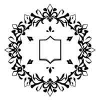 Symmetrical Black Floral Frame with a Central Geometric Shape and Decorative Flourishes on a White Background. vector