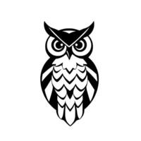 Stylized Black and White Owl Illustration on White Background, Featuring Geometric Feather Detailing and Focused Expression. vector